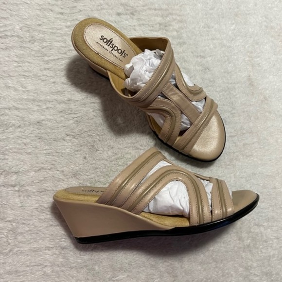Softspots Beige Slip On Leather Wedge Sandals Pillowtop Technology Size 8 - Picture 4 of 12